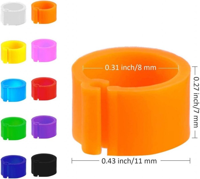 Set 200 Inele picior pasari, Plastic, 8 x 7 mm, Multicolor