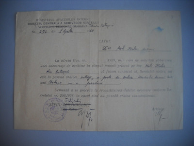 HOPCT DOCUMENT VECHI 407 MALI HELER-EVREU-ARHIVELE STATULUI BOTOSANI 1960 foto