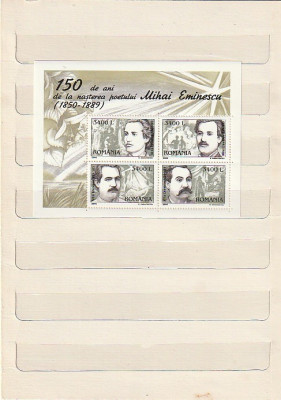150 DE ANI DE LA NASTEREA POETULUI MIHAI EMINESCU - BLOC DE 4 ( LP 1502 ) 2000 foto