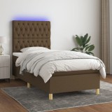 vidaXL Pat cu arcuri, saltea și LED, maro &icirc;nchis, 90x200 cm, textil