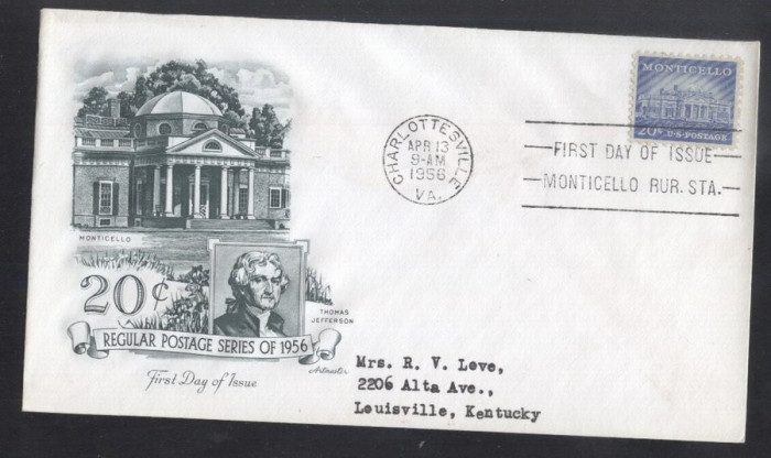 United States 1956 Definitives Monticello Thomas Jefferson FDC K.553