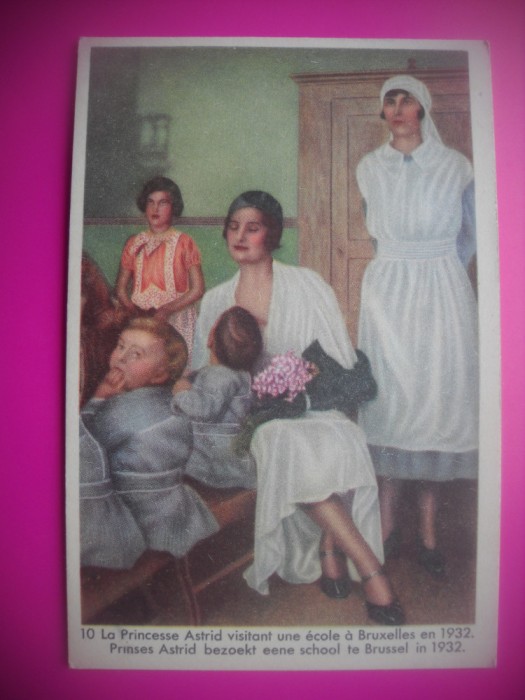 HOPCT 6428 VIZITA LA O SCOALA DIN BRUXELLES 1932 -REGINA ASTRID-FAMILIA REGALA BELGIA-CROMO LITHO-CIOCOLATA COTE D&#039;OR