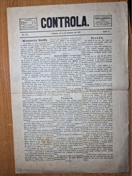 ziarul controla 23 februarie 1899 - ziar din timisoara , romania si socialistii