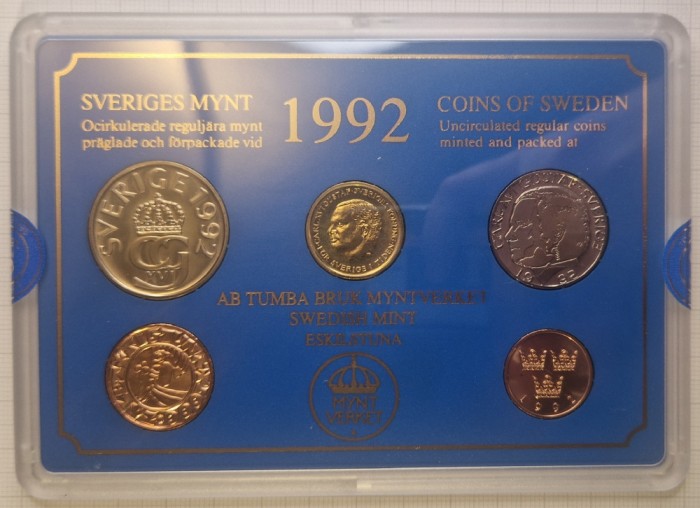 Set Monede Monetarie Suedia, stare excelenta, 1992, 4 monede, 1 jeton