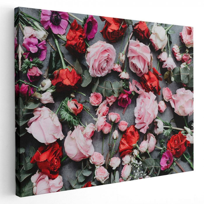 Tablou flori trandafiri roz si rosii Tablou canvas pe panza CU RAMA 70x100 cm