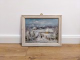 Tablou Iarna Hreamata C-tin, 28x38cm, Pictura pe Carton, Pictor Bacau, Tablou Ulei, Tablouri Iarna, Pictura Veche, Pictura Naiva