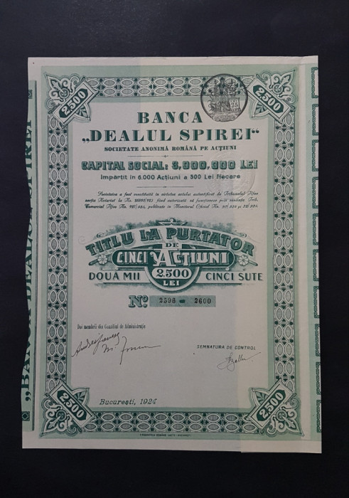 Actiune 1924 Banca Dealul Spirei , titlu de 5 actiuni la purtator