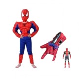 Costum Spiderman Copii 7-9 Ani, cu Muschi + Manusa Lansator Ventuze si Figurina, Rosu