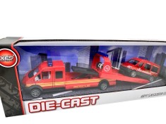 Macheta Camion Platforma Ford Transit Rescue + Masina Pompieri 1:64 Die-Cast