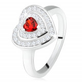 Inel cu o inimă din zirconiu roşu, ştrasuri transparente - contururi de inimă, argint 925 - Marime inel: 57