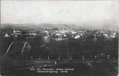 CP724N Sft Gheorghe, Vedere generală/Sepsiszentgy&amp;ouml;rgy, L&amp;aacute;tk&amp;eacute;p, carte poștală circulată Sf&amp;acirc;ntu Gheorghe &amp;ndash; Spineni, Olt, 1931 foto