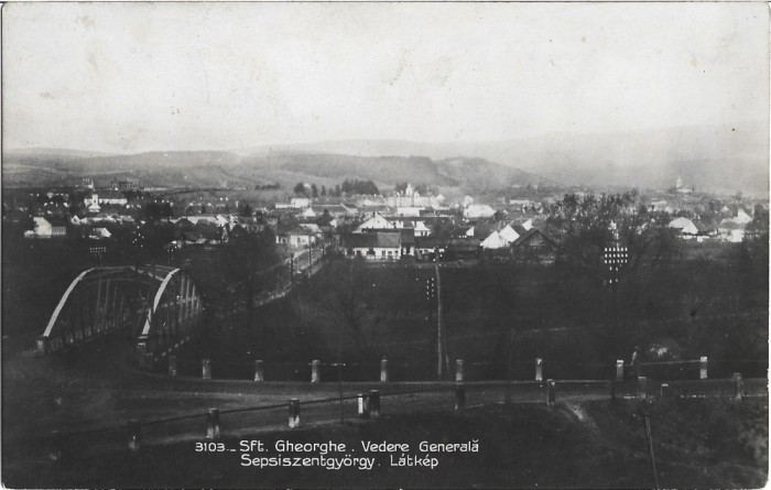 CP724N Sft Gheorghe, Vedere generală/Sepsiszentgy&ouml;rgy, L&aacute;tk&eacute;p, carte poștală circulată Sf&acirc;ntu Gheorghe &ndash; Spineni, Olt, 1931