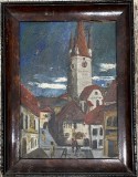 1967 Lucrare / tablou, semnat, ulei pe carton, Biserica evanghelica / piata Sibiul vechi, rama, semnat pe verso, arta romaneasca, artist roman, 25x18
