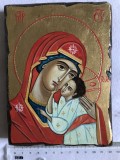 Icoana pictata pe lemn cu foita de aur Maica Domnului cu pruncul 12x20 cm