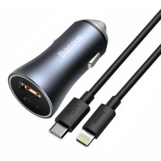 Incarcator Auto USB, Type-C, 40W + Cablu Lightning Baseus (TZCCJD-B0G) Dark Gri foto