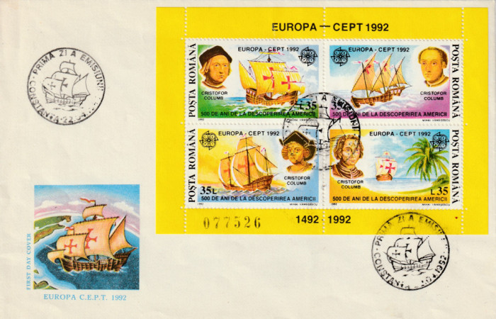 Romania 1992-FDC-Europa-CEPT,500 de ani de la descoperirea Americii- COLUMB
