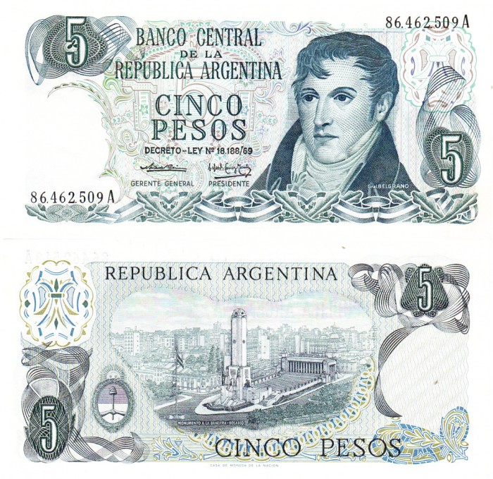 Argentina 5 Pesos 1974-76 General Belgrano P-294 aUNC