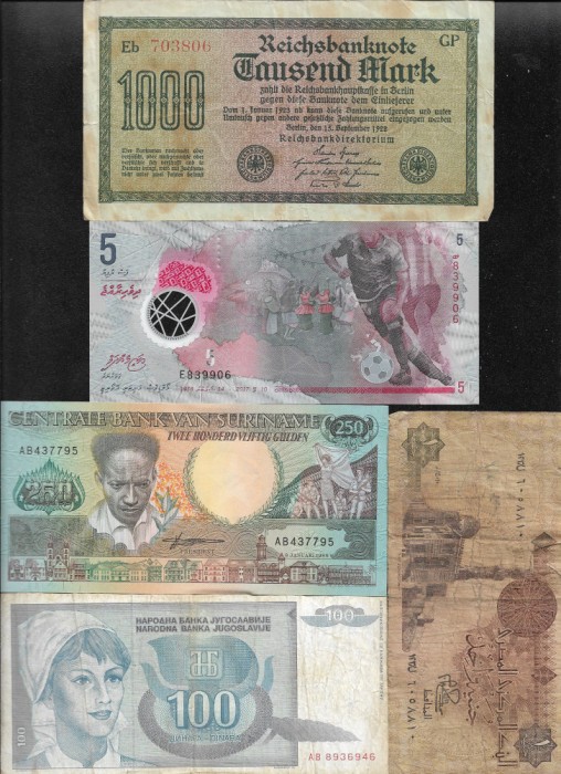 Set 5 bancnote de prin lume adunate (cele din imagini) #291