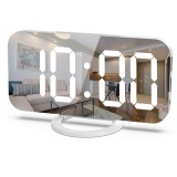 Ceas digital cu LED, eMazing, multifunctional, afisaj digital, alarma, 2 porturi USB de iesire, ecran tip oglinda, modern, 15.8 cm, alb