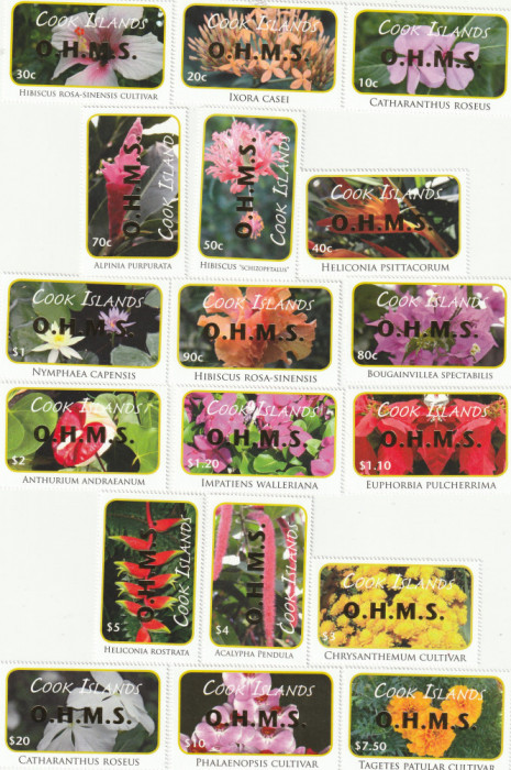 Cook Islands 2010-Flora,Flori,serie 18 valori,imprimare aur,O.H.M.S.Mi.D70-D87