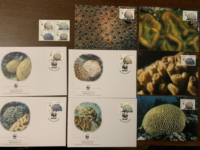 antile - corali - serie 4 timbre MNH, 4 FDC, 4 maxime, fauna wwf