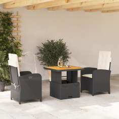 vidaXL Set mobilier de grădină cu perne, 3 piese, negru, poliratan