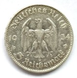 Germania 5 Reichs Mark 1934 J, Argint, Biserica, VF++/XF, Moneda Argint