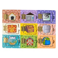 Puzzle Montessori din Lemn cu Usite &ndash; Joc de Descoperire, 9 Compartimente, Activitate Educativa pentru Copii