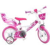 Cumpara ieftin Bicicleta copii Dino Bikes 12 inch Little Heart alb roz cadru otel 3-5 ani roti ajutatoare cos depozitare