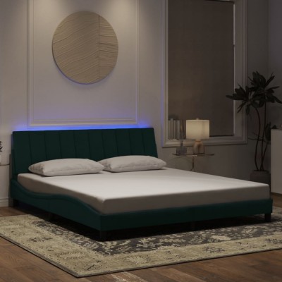 vidaXL Cadru de pat cu lumini LED, verde &amp;icirc;nchis, 180x200 cm, catifea foto