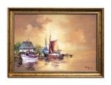 Tablou apus de soare cu veliere pictat manual inramat, 80x60cm ulei pe panza rama din lemn, Geo Ungureanu
