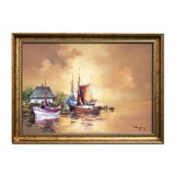 Tablou apus de soare cu veliere pictat manual inramat, 80x60cm ulei pe panza rama din lemn, Geo Ungureanu