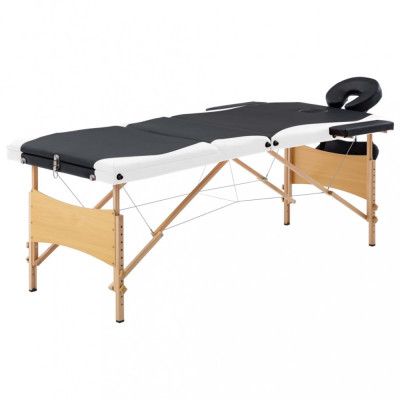vidaXL Masă pliabilă de masaj, 3 zone, negru și alb, lemn foto