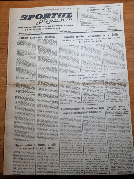 sportul popular 7 iunie 1954-flamura rosie arad lider la fotbal,iolanda balas