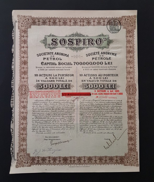 Actiune 1923 petrol soc. SOSPIRO , titlu , actiuni