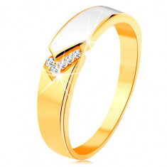 Inel din aur galben de 14K - bandă lucioasă cu email alb, zirconii transparente - Marime inel: 51