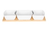 Cumpara ieftin Set 3 boluri pentru servire din ceramica alba cu suport din bambus Zass