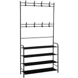 Cuier pentru haine cu banc de depozitare pantofi pe 4 polite, cadru metalic, 25x80x150cm, negru Household NewTrend