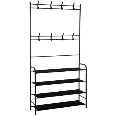 Cuier pentru haine cu banc de depozitare pantofi pe 4 polite, cadru metalic, 25x80x150cm, negru Household NewTrend foto