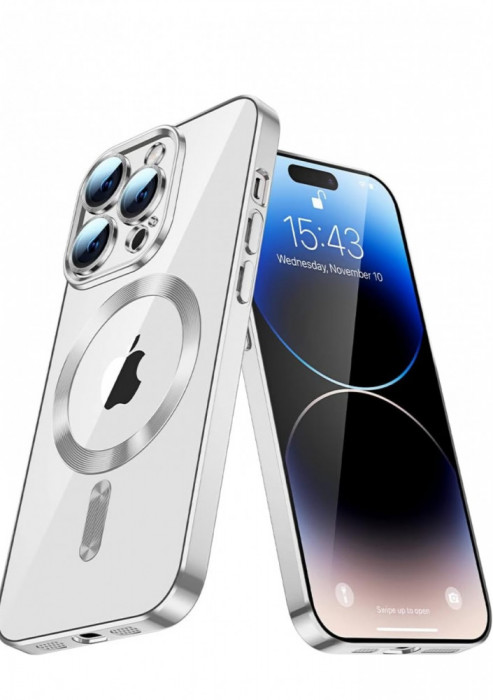 Huse silicon cu incarcare magetica wireless pentru Iphone 15 Pro Max Argintiu