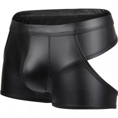 Chiloti Piele PU Fermoar BDSM Model Colanti Negru Vinil Barbati Boxeri Open Back foto