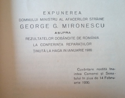 Rezultatele Conferința Haga pt. Romania, reparații germ. (G. G. Mironescu, 1930) foto