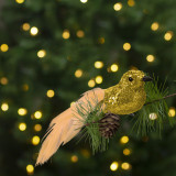 Ornament de Crăciun &ndash; pasăre cu sclipici &ndash; cu clemă &ndash; aurie &ndash; 2 buc/pachet