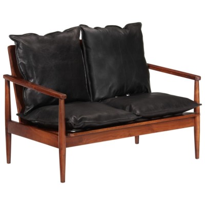vidaXL Canapea cu 2 locuri, negru, piele naturală &amp;amp; lemn masiv acacia 340924 foto