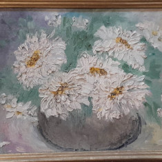 Vas cu flori, inramat,ulei pe placaj, 38x28 cm semnat MP 1979