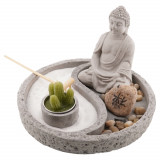Decoratiune gradina zen in miniatura suport cu buddha lumanare si accesorii, Stonemania Bijou