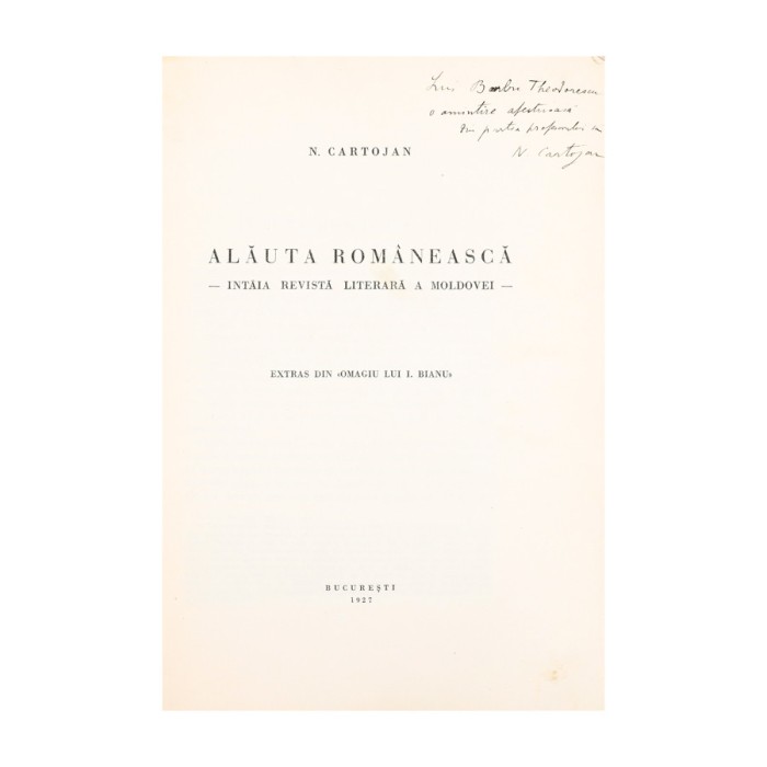 Nicolae Cartojan, Alăuta Rom&acirc;nească, 1927, cu dedicație pentru Barbu Theodorescu