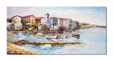 Cumpara ieftin Tablou pictat manual, Peisaj citadin la malul marii cu veliere, 120x60cm ulei pe panza in cutit efect 3D, gata de expus pe perete