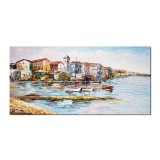 Tablou pictat manual, Peisaj citadin la malul marii cu veliere, 120x60cm ulei pe panza in cutit efect 3D, gata de expus pe perete