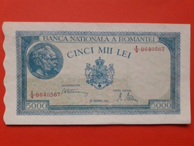 Bancnota 5000 lei 20 Decembrie 1945 filigran verical - UNC foto